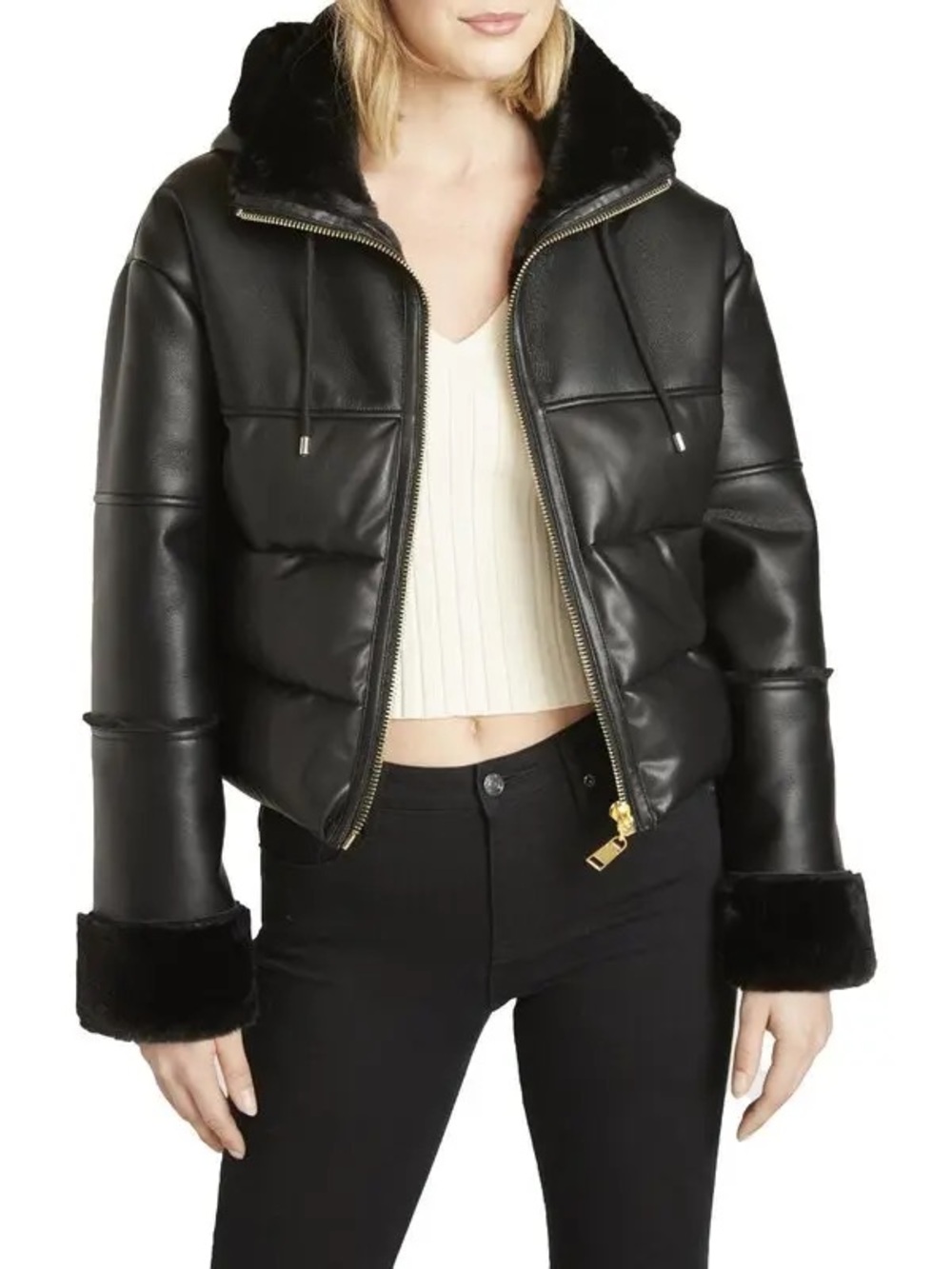 Rebecca Minkoff Faux Leather / Fur Trim Puffer Jacket - S